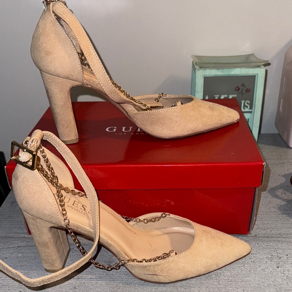 Guess Tan Block Heel Pumps with Ankle Strap